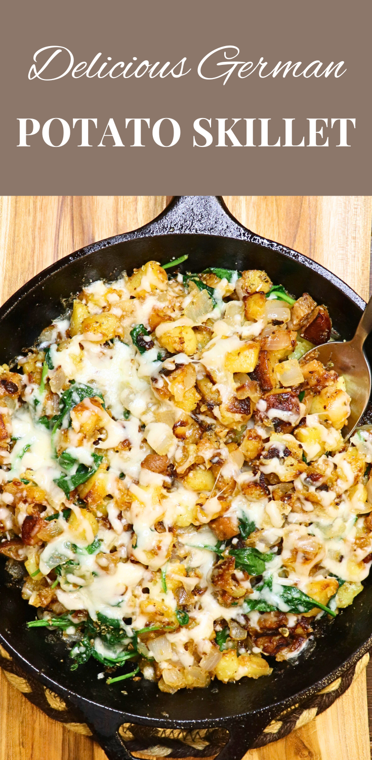 Cast iron german potato skillet recipe with the title "Delicious German Potato Skillet" at the top