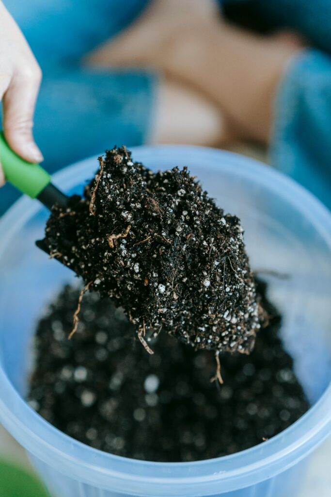 Dark soil made from compost on a small garden spade