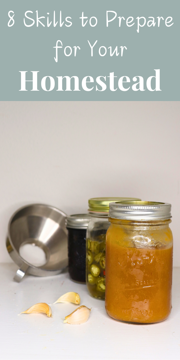 Urban Homestead Post Pin - Jars of canned foods by a canning funnel with the title 8 Skills to Prepare for your Homestead