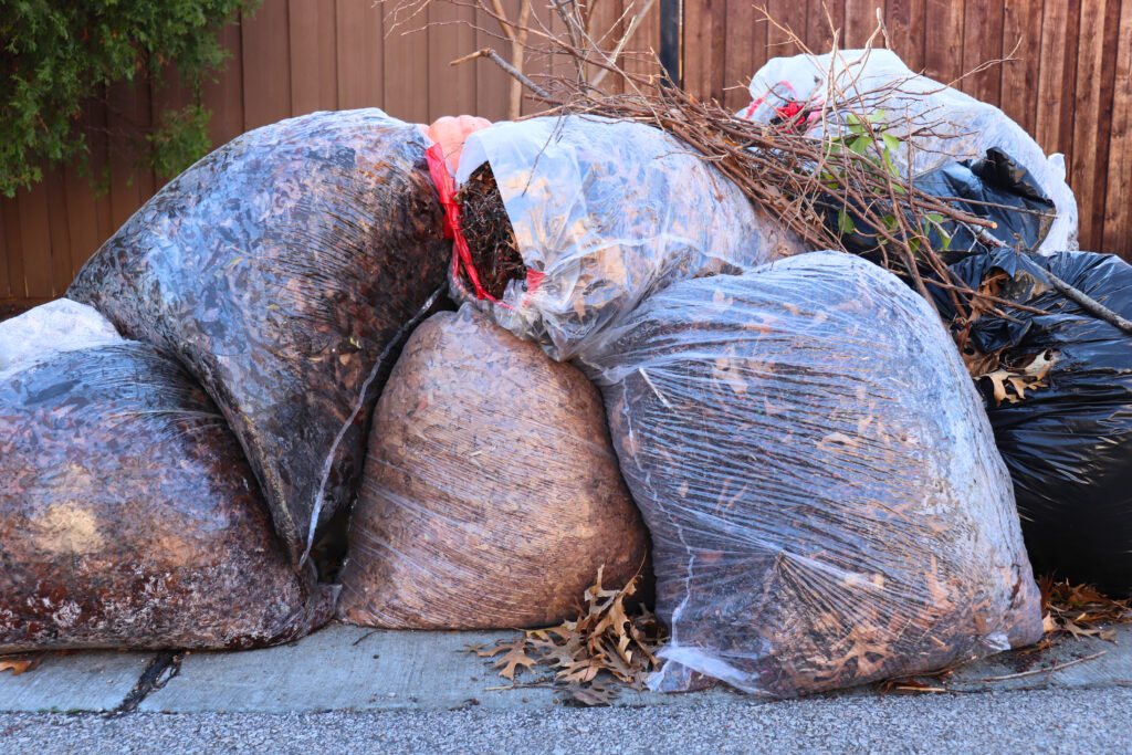 Piled bags of dried leaves
