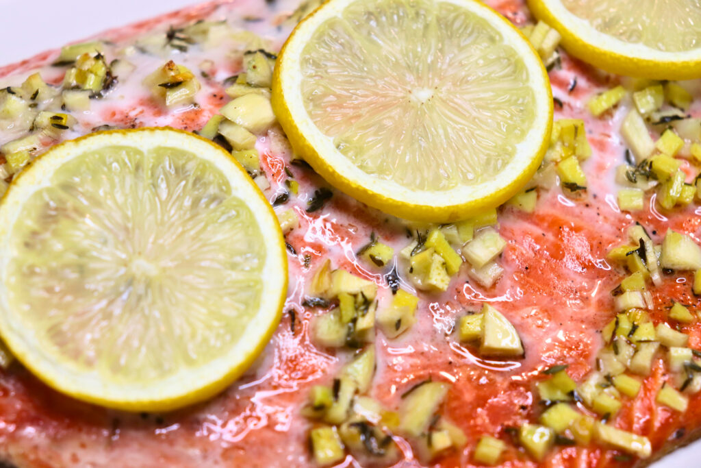 cooked honey roasted salmon close up shot