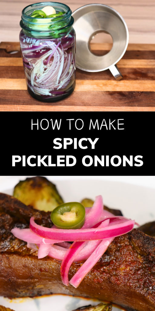 two pictures showing how to make spicy pickled onions with a title