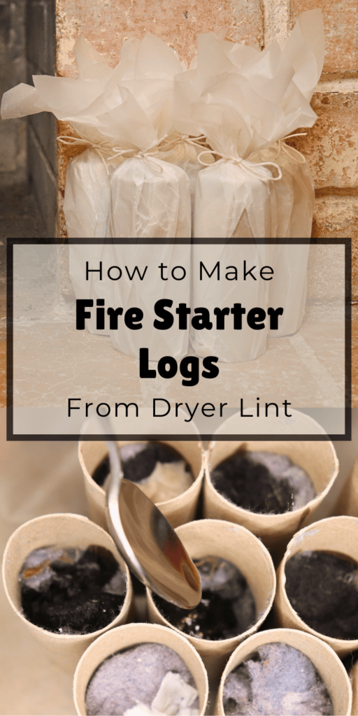 Photo montage of making dryer lint fire starter logs with a title
