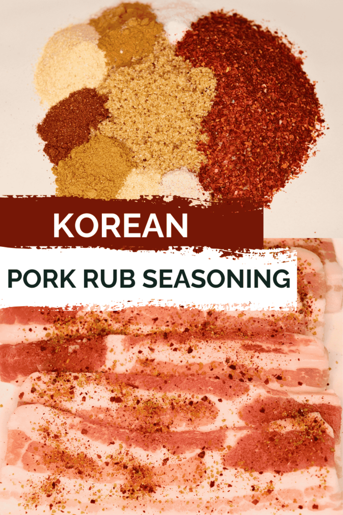 A picture of dry rub spices above a photo of seasoned bacon with the title, "Korean Pork Rub Seasoning".