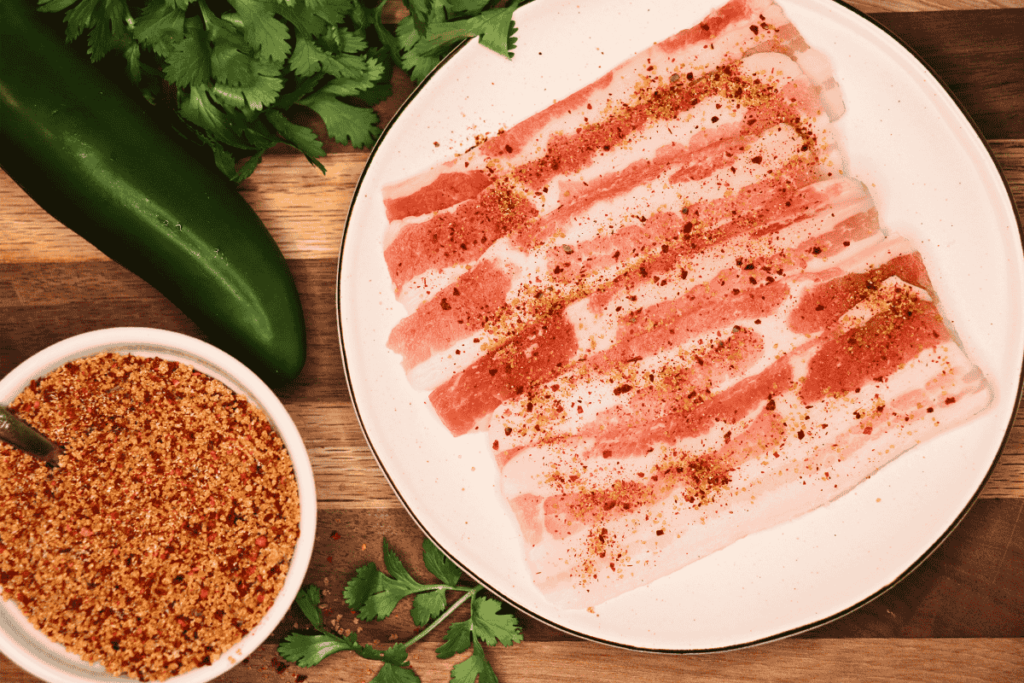 Bacon seasoned with a pork rub next to a bowl of the same rub and some cilantro