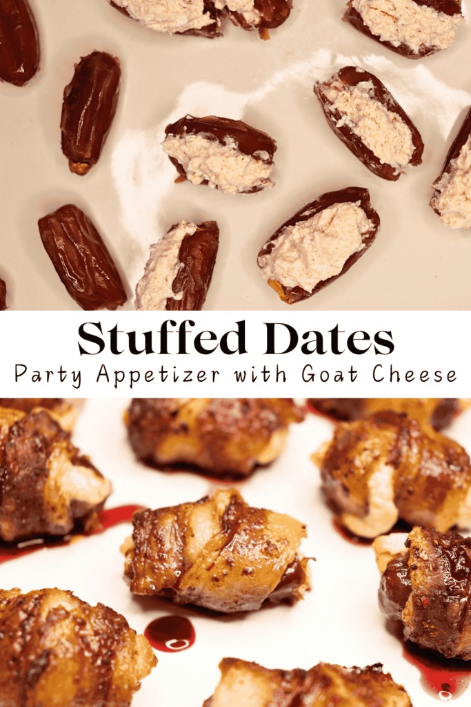 Collage with one process shot of dates being stuffed with goat cheese and a completed shot of bacon wrapped stuffed dates with the title, "Stuffed Dates Party Appetizer with Goat Cheese".