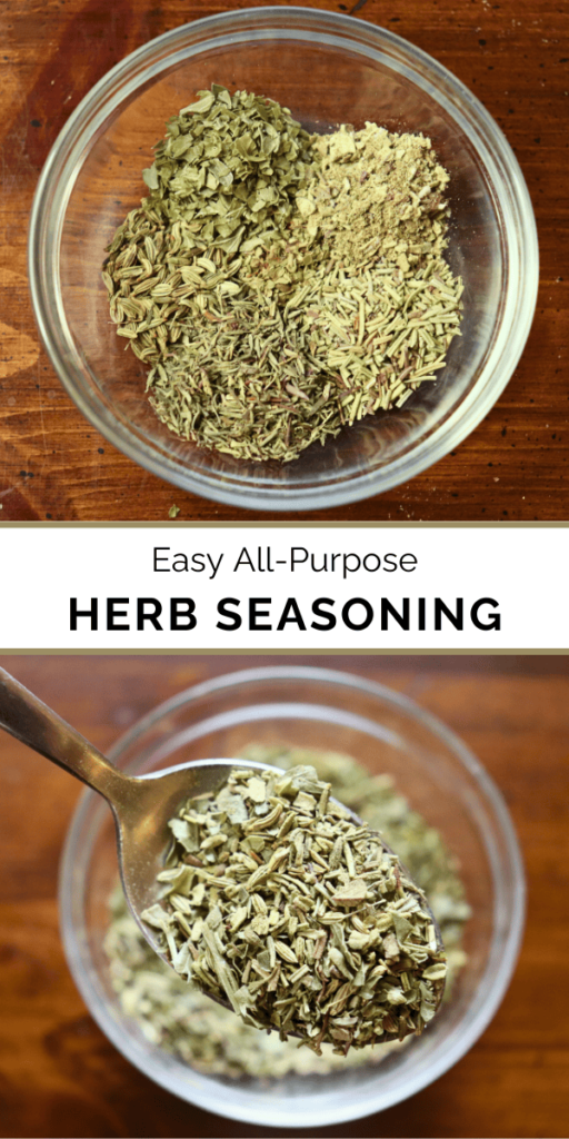 Two pictures of Scarborough 6 spice seasoning blend with the title: "Easy All-Purpose Herb Seasoning"
