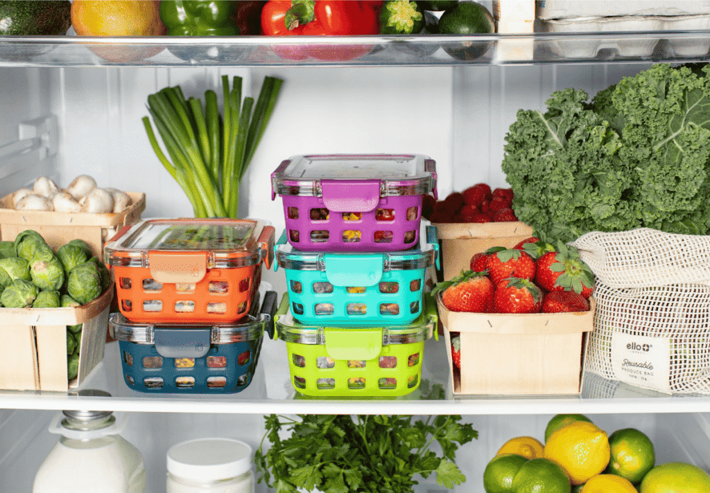 Inside of fridge showing a variety of fruits and vegetables from a farmer's market