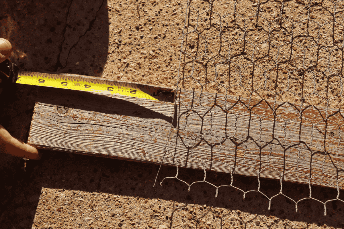 Chickenwire on a fence post with 6 inches of extra space being measured with yellow measuring tape