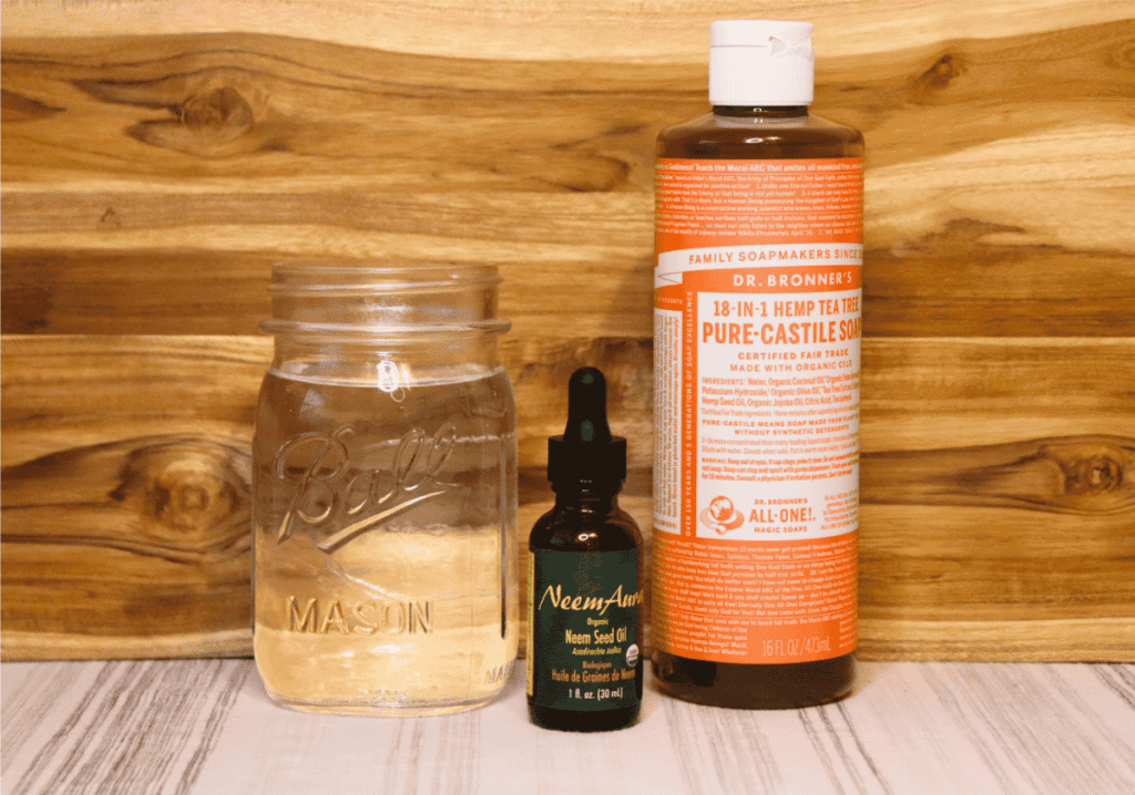 Water, organic neem oil, and castile soap in front of a wooden background