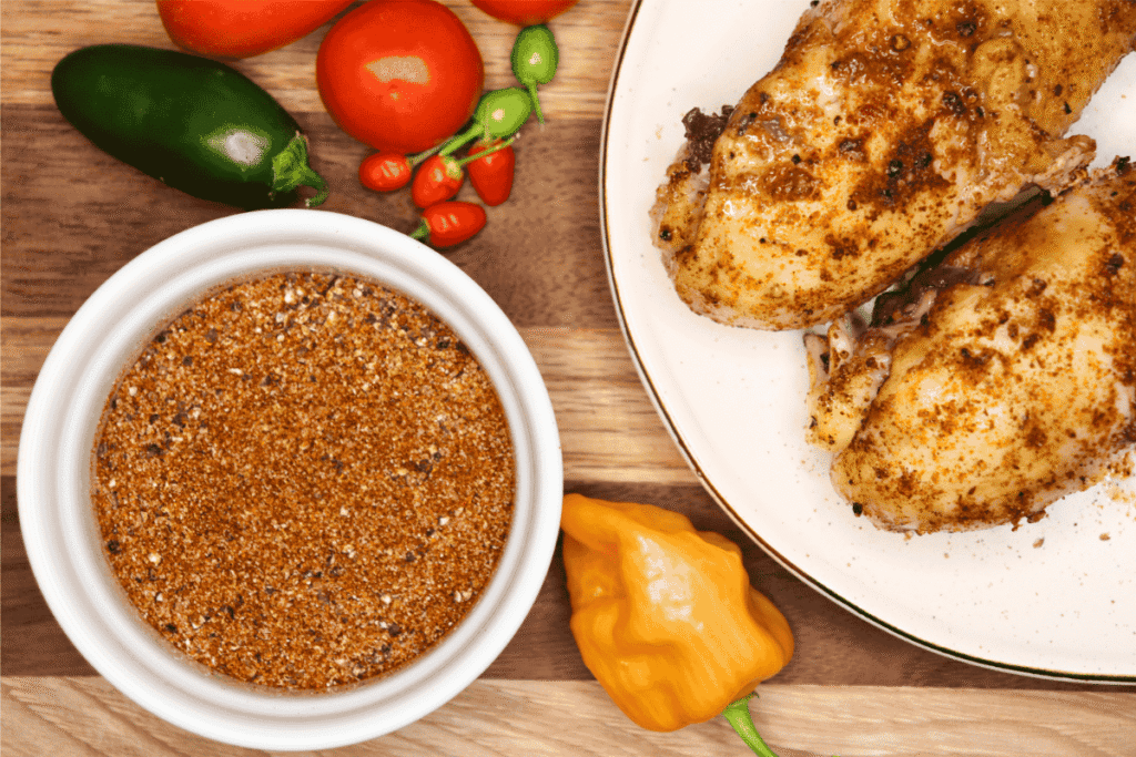 Cooked seasoned chicken on a plate next to a bowl of Cajun seasoning blend and fresh peppers