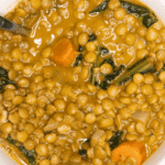 creamy lentil soup with carrots and kale in a white bowl