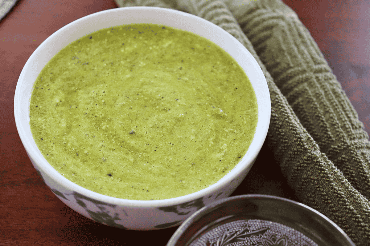 Finished bowl of green poblano crema sauce ready to be used in cooking or eating