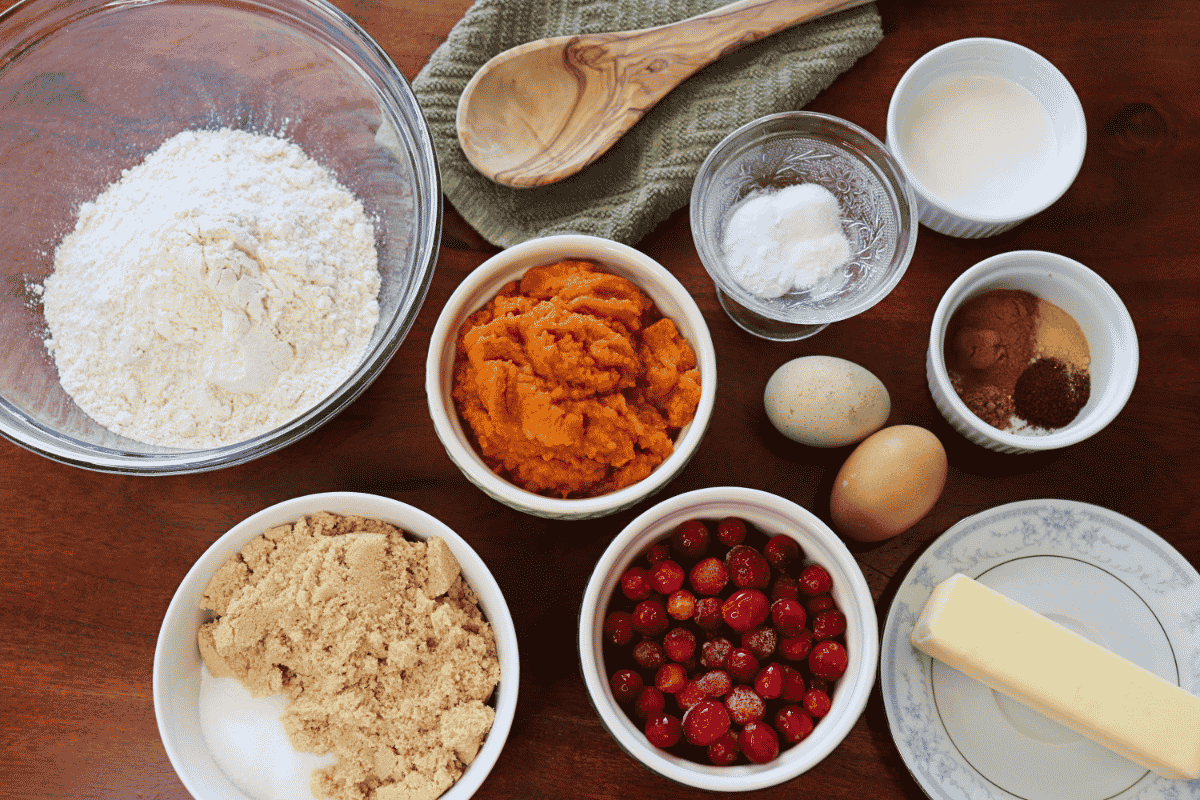 Various ingredients arranged on a wooden table