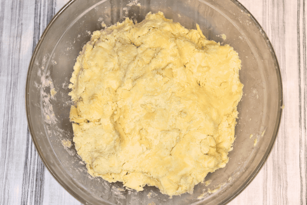 Homemade pie crust dough in a mixing bowl